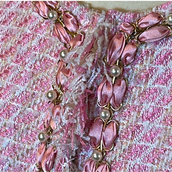 Michael Simon Pink & Cream Tweed Jacket, Pearl Ribbon Accent, size Large Petite - Picture 8 of 12